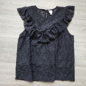 Roan + Ryan Black Mae Eyelet Lace Shirt Womens Medium Ruffle Flutter Sleeve